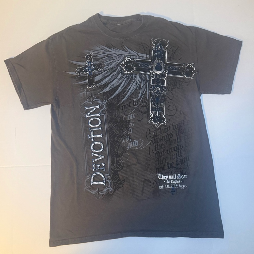 Y2K Jesus Shirt Mens Large Gray Cross Wings Bible Christian Affliction 0054 A4‎